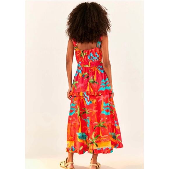 Farm Rio Ipanema Midi Ruffle Dress Red Tropical Print S - Picture 4 of 12